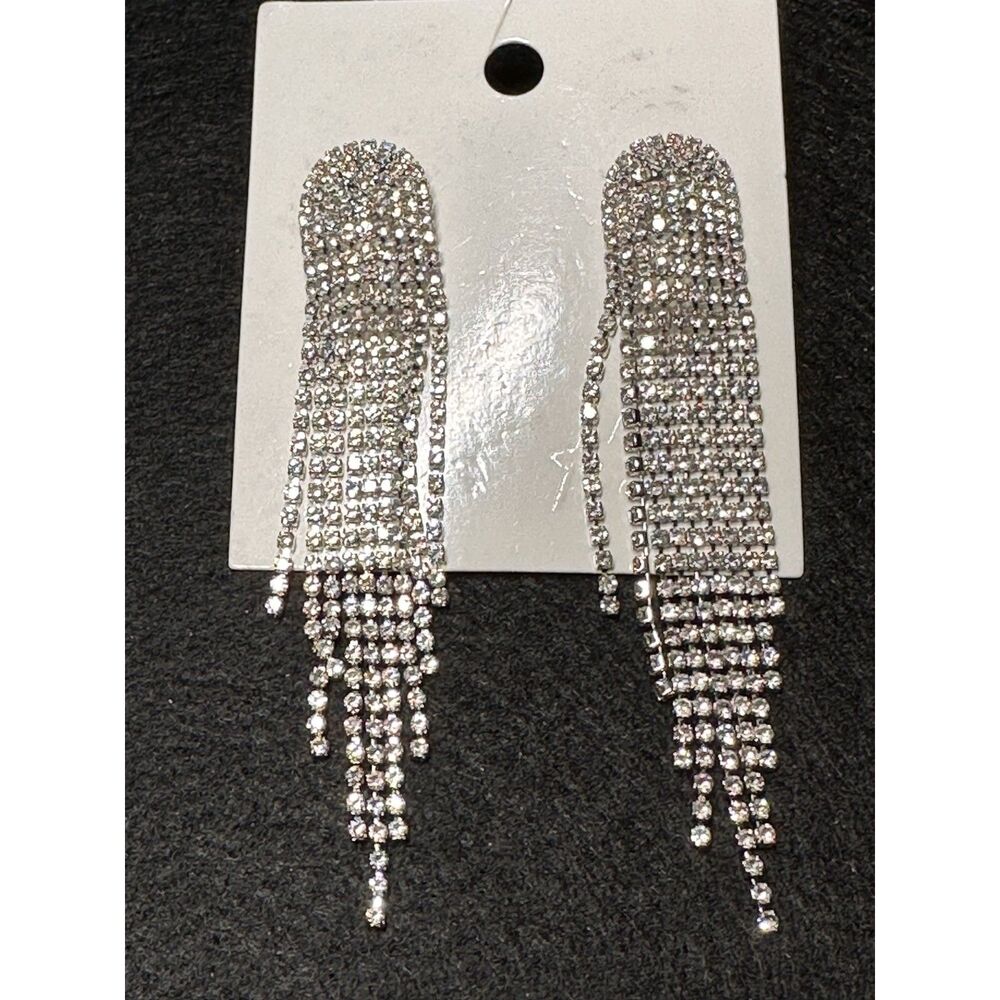 Clear Rhinestone Fringe Chandelier Drop Earrings Statement NWT